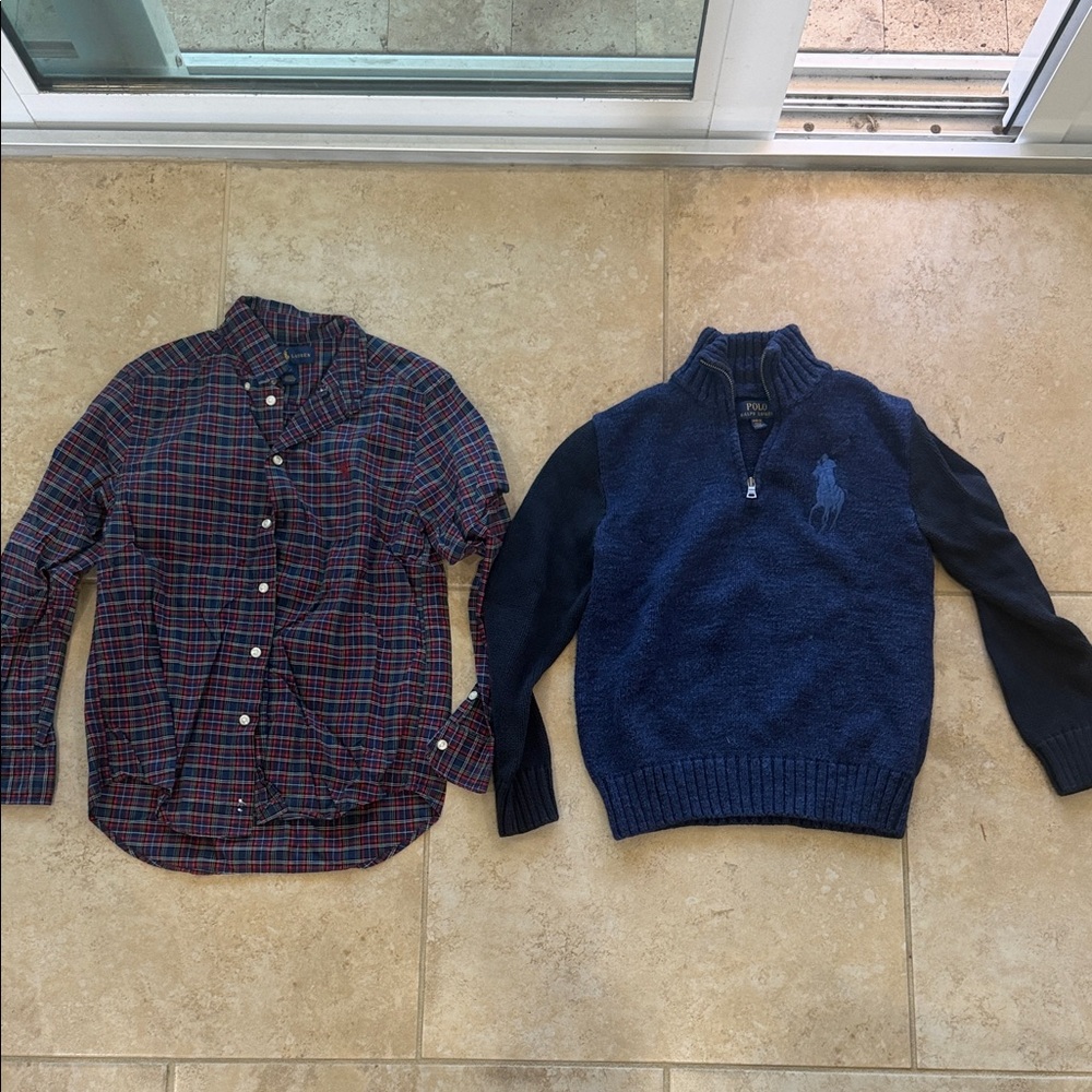 2 items Polo by Ralph Lauren Blue Half-Zip Sweater and button down size 10/12